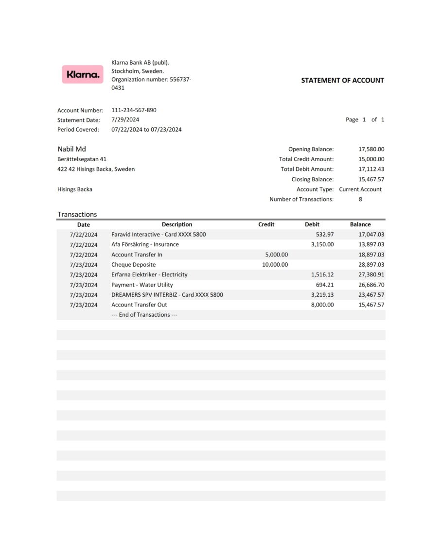 Germany Klarna Bank Account Statement Word And PDF Template