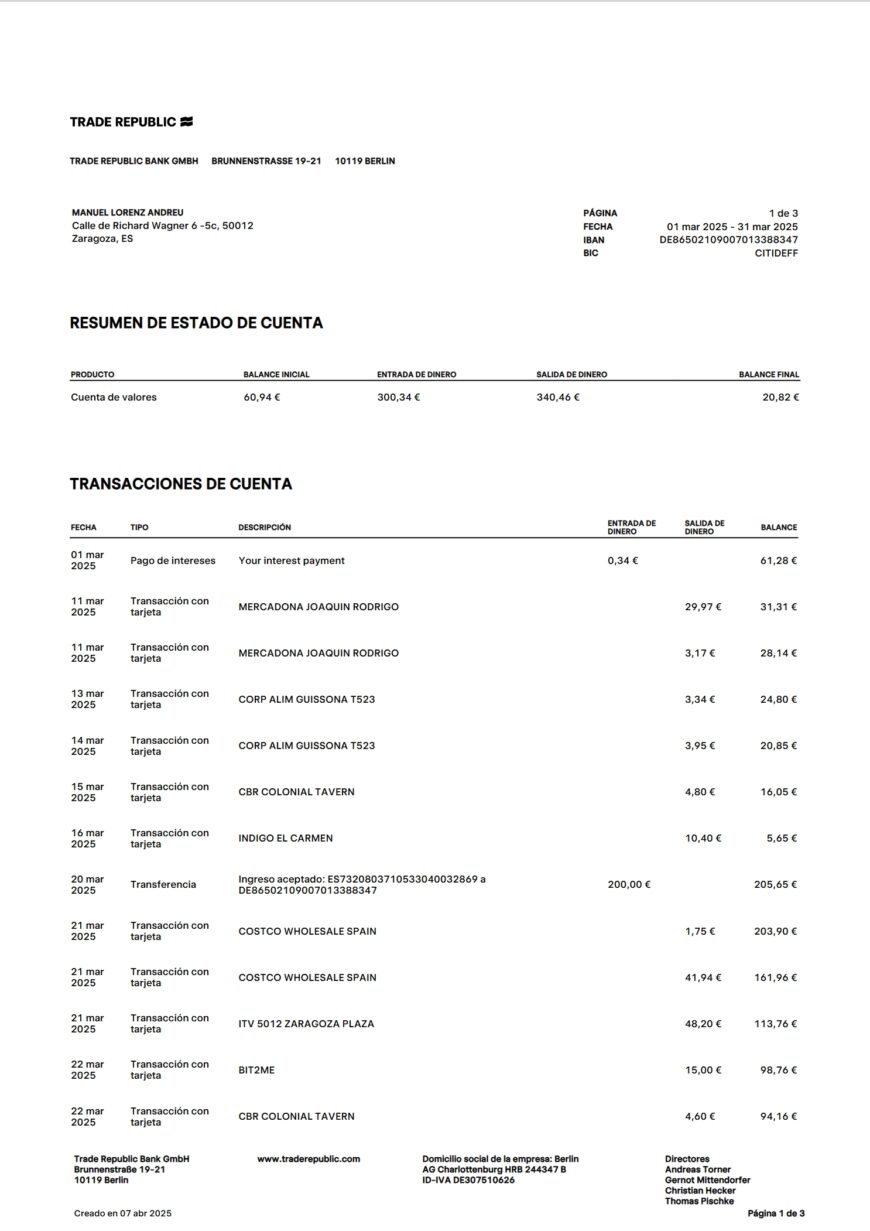 Germany Trade Republic Bank Statement Word And PDF Template 3 Pages