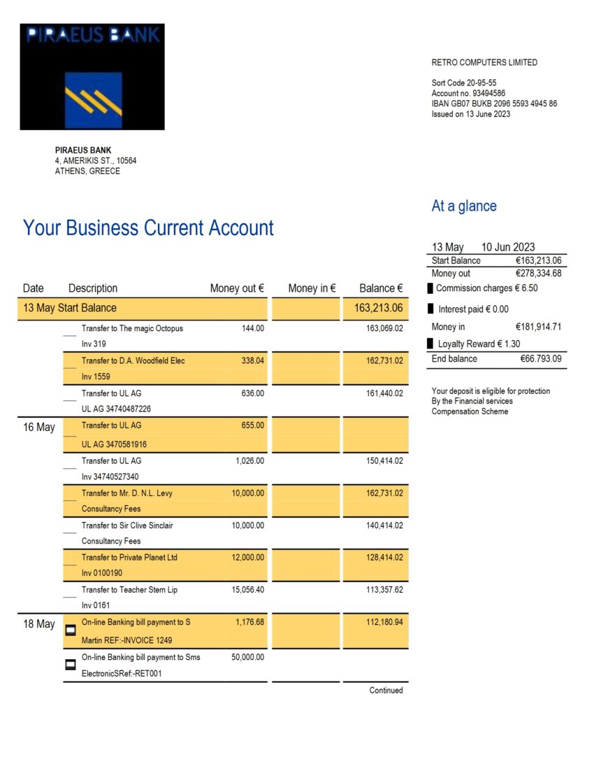 Greece Piraeus Bank Business Statement Word And PDF Template