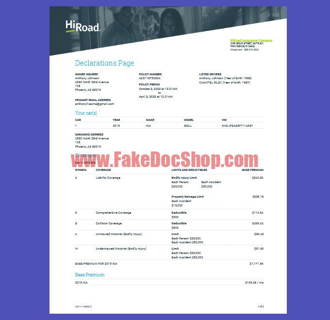 HiRoad Assurance Company Auto Insurance Declarations Template