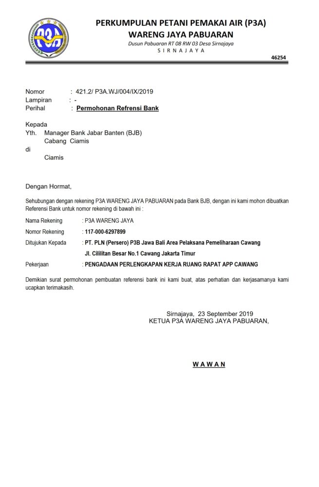Indonesia Bank Jabar Banten Financial Request Letter Word And PDF Template 3 Pages
