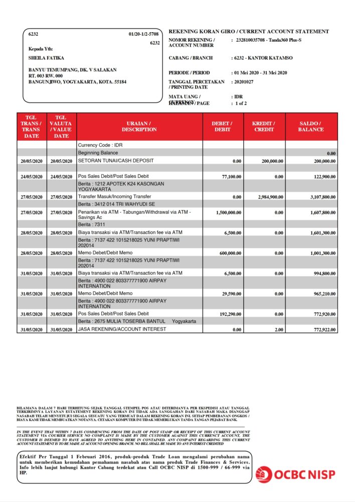 Indonesia Bank OCBC NISP Statement Word And PDF Template 2 Pages