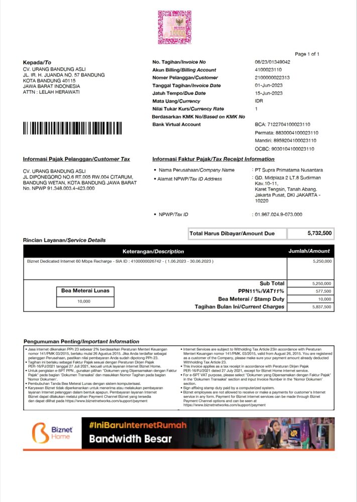 Indonesia Biznet Billing Invoice Word And PDF Template