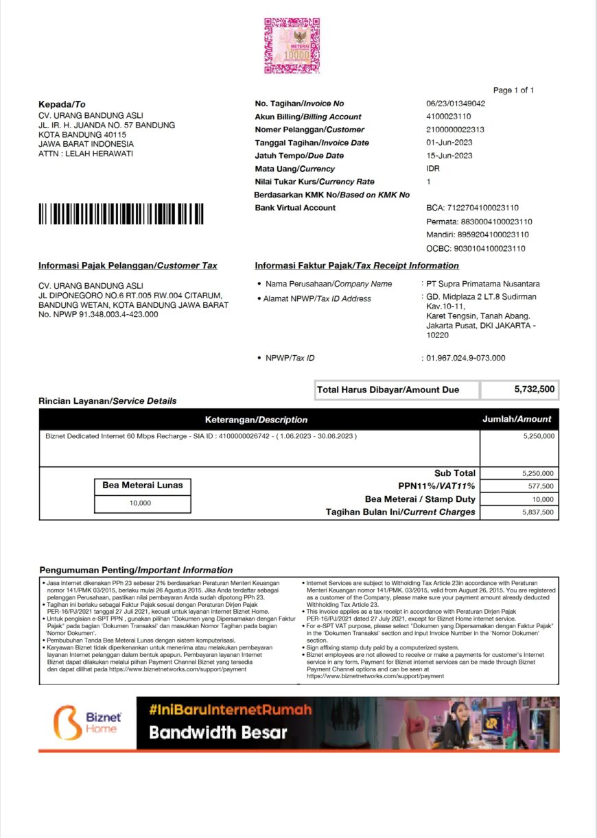 Indonesia Biznet Billing Invoice Word And PDF Template