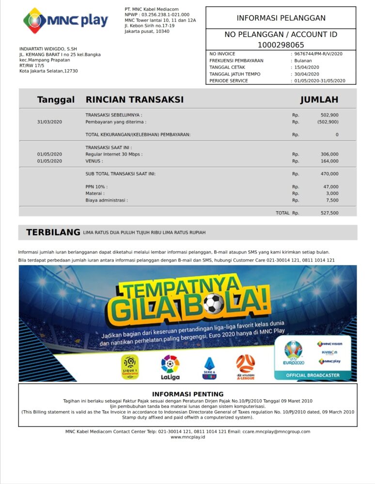 Indonesia MNC Kabel Mediacom Internet Bill Word And PDF Template 2 Pages