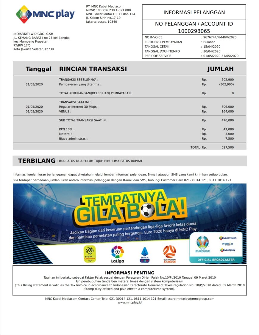 Indonesia MNC Kabel Mediacom Internet Bill Word And PDF Template 2 Pages