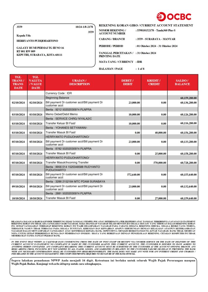Indonesia OCBC Bank Statement Word And PDF Template 8 Pages