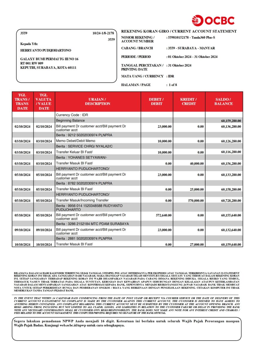 Indonesia OCBC Bank Statement Word And PDF Template 8 Pages