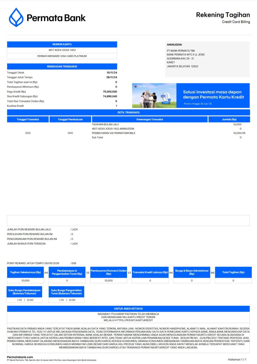 Indonesia PermataBank Credit Card Statement Template In Word And PDF Format