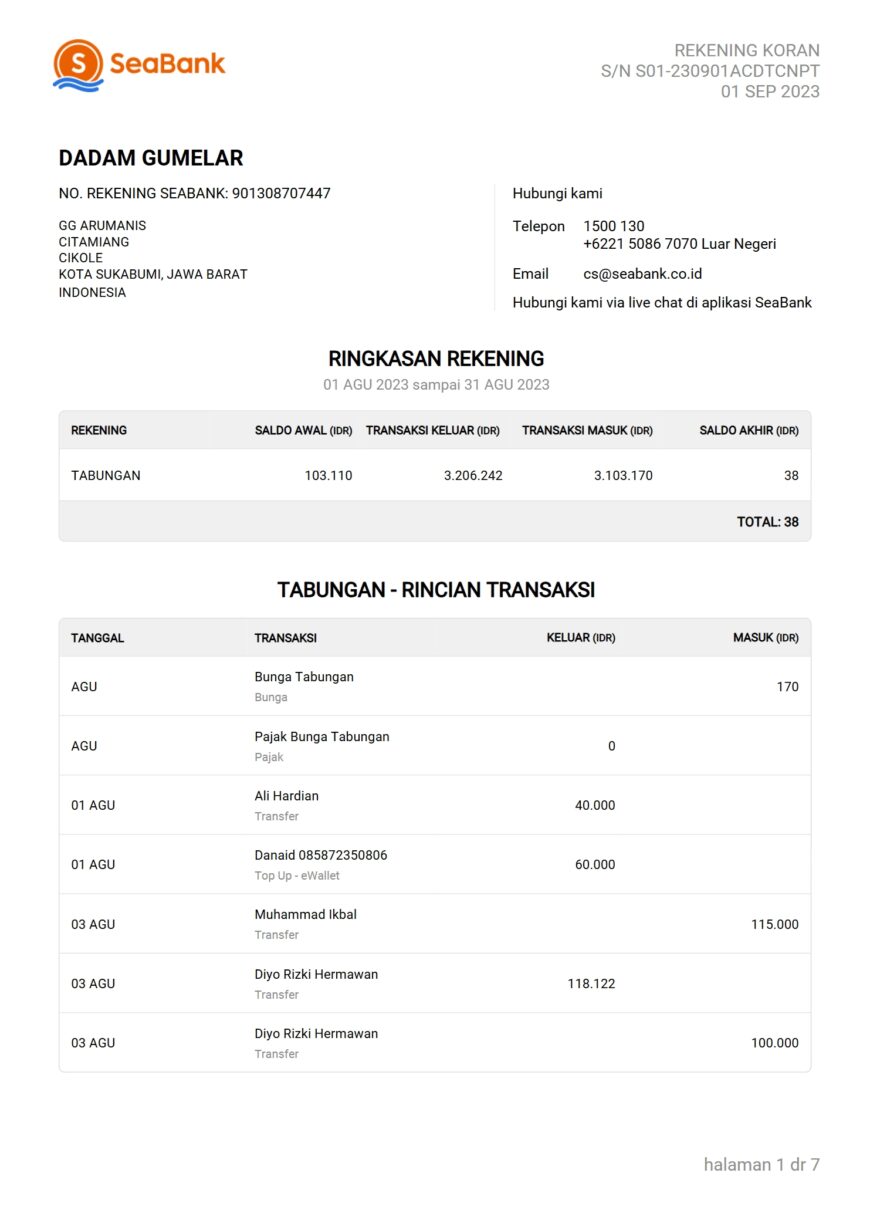 Indonesia SeaBank Bank Statement Word and PDF Template 7 Pages
