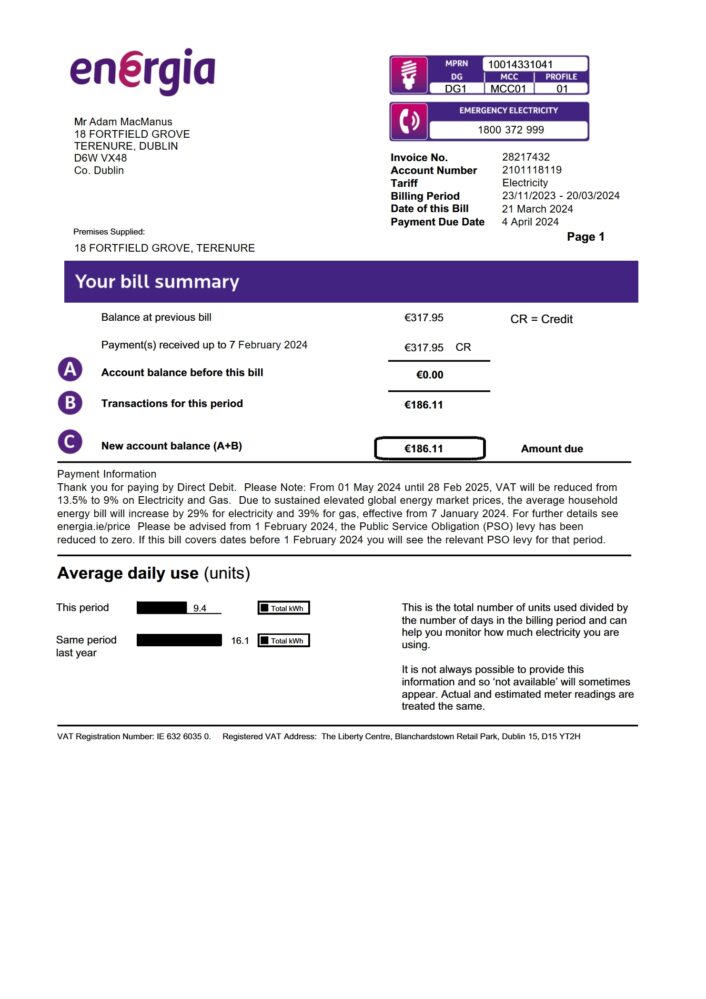 Ireland Energia Electricity Bill Word and PDF Template 4 Pages