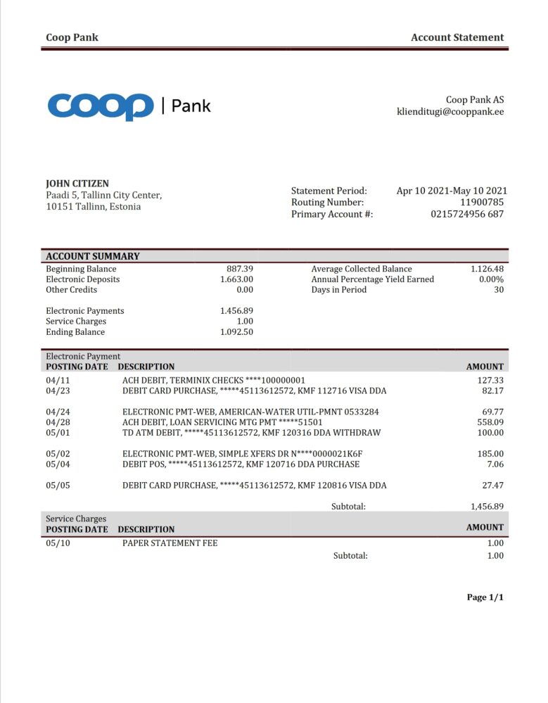 Italy Coop Pank Account Statement Word And PDF Template