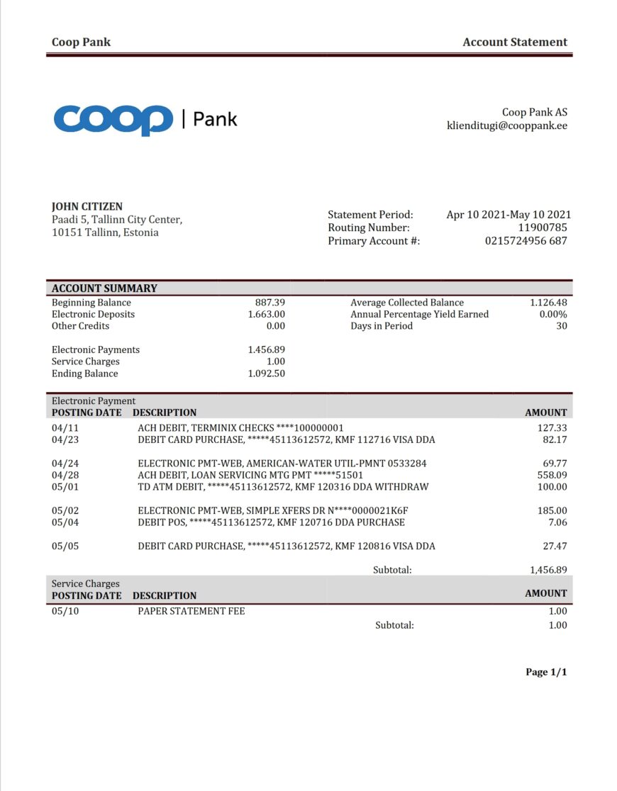 Italy Coop Pank Account Statement Word And PDF Template