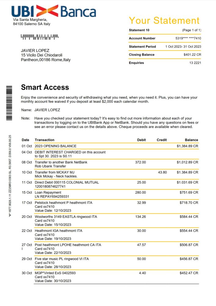 Italy UBI Banca Bank Statement Word and PDF Template