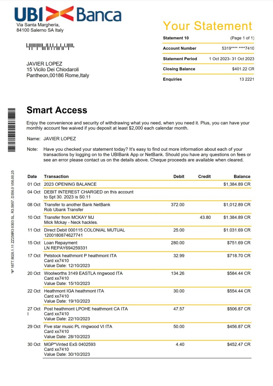 Italy UBI Banca Bank Statement Word and PDF Template