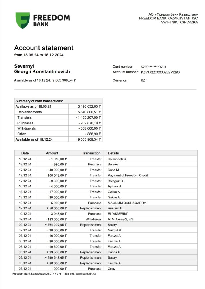 Kazakhstan Freedom Bank Statement Word And PDF Template 9 Pages
