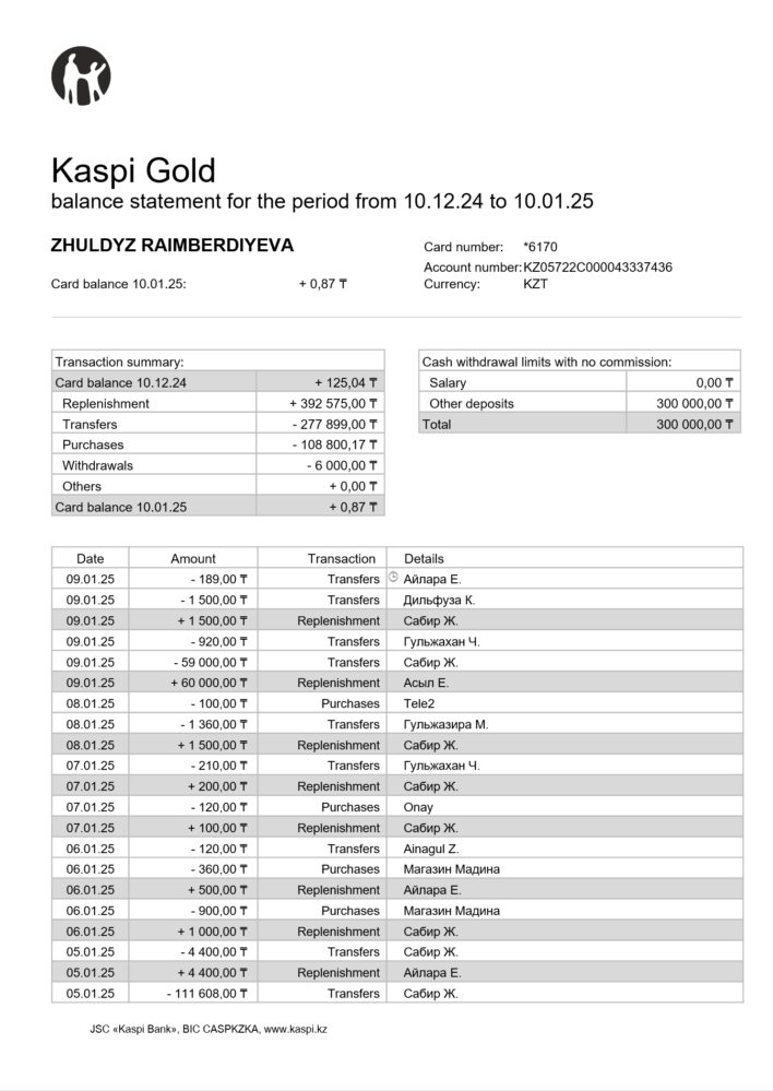 Kazakhstan Kaspi Gold Bank Statement Word And PDF Template 4 Pages
