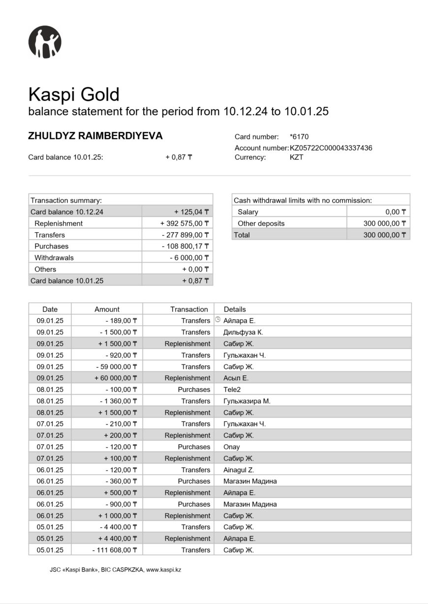 Kazakhstan Kaspi Gold Bank Statement Word And PDF Template 4 Pages