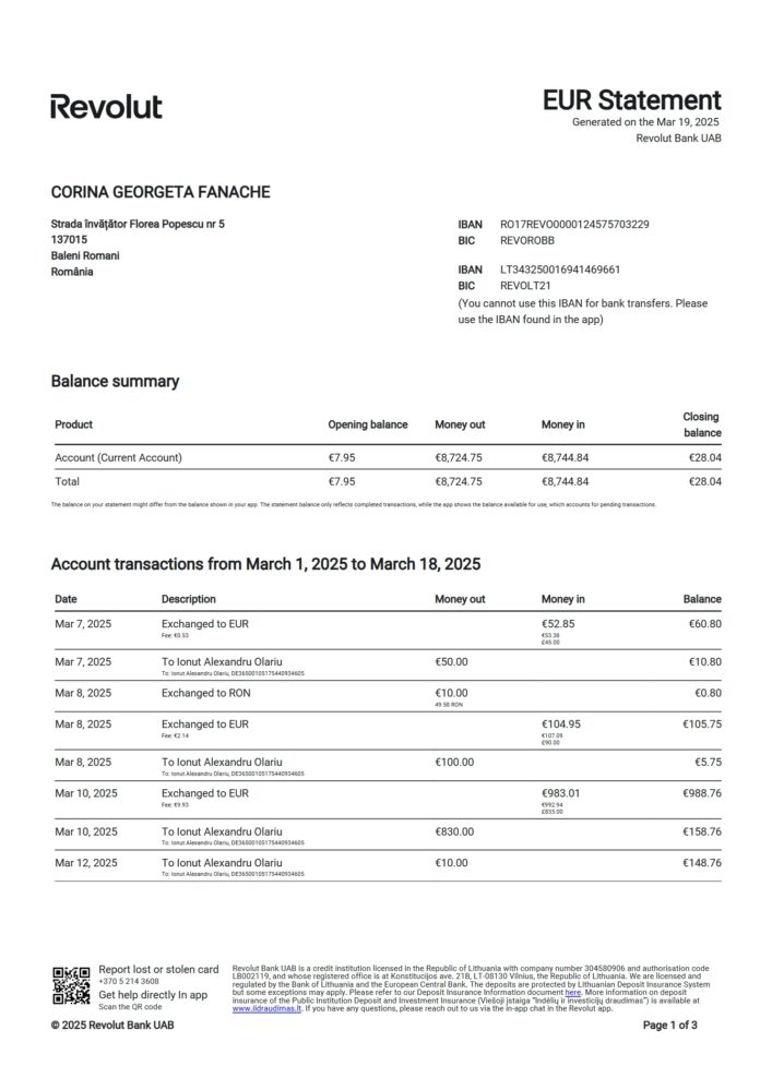 Lithuania Revolut Bank Statement Word And PDF Template 11 Pages