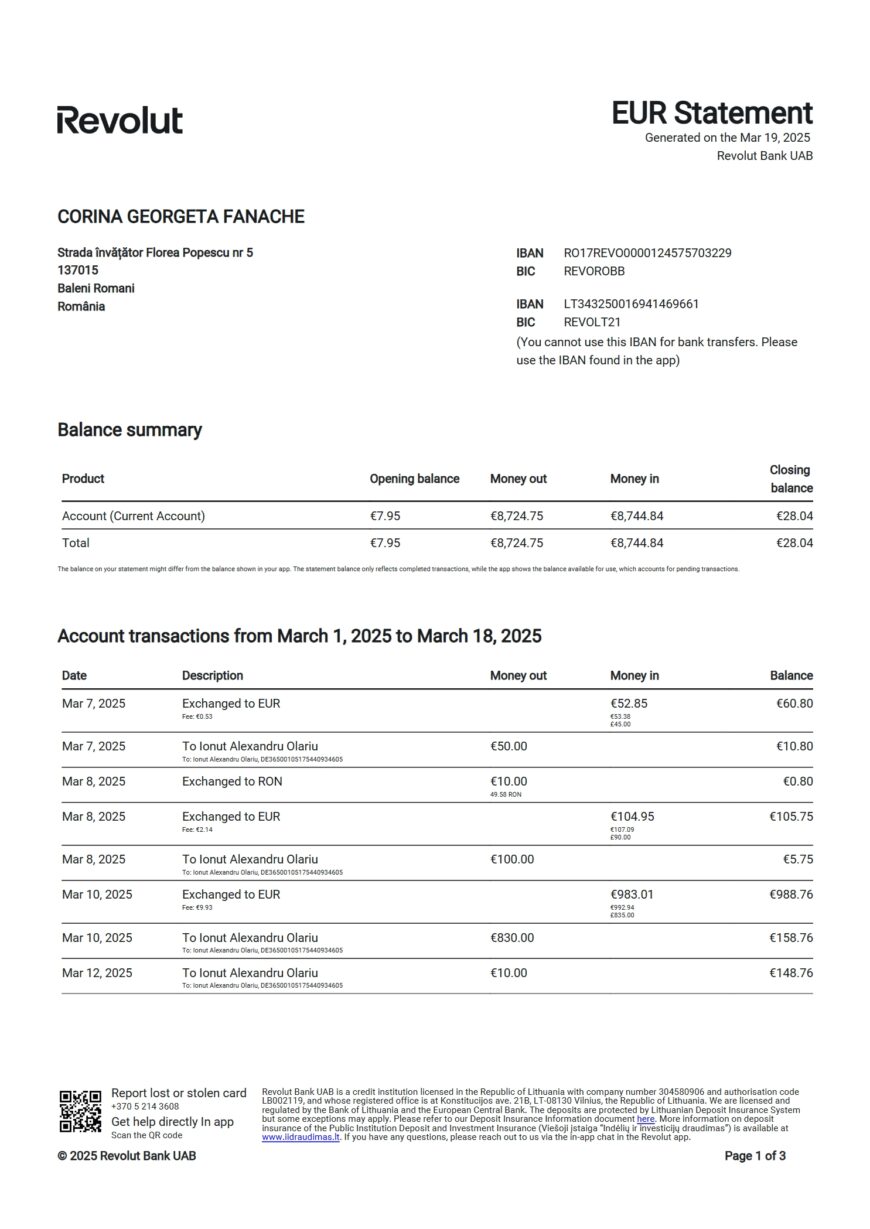 Lithuania Revolut Bank Statement Word And PDF Template 11 Pages