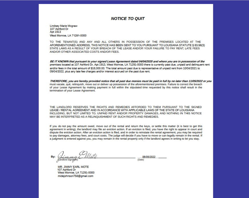 Louisiana Eviction Notice Template