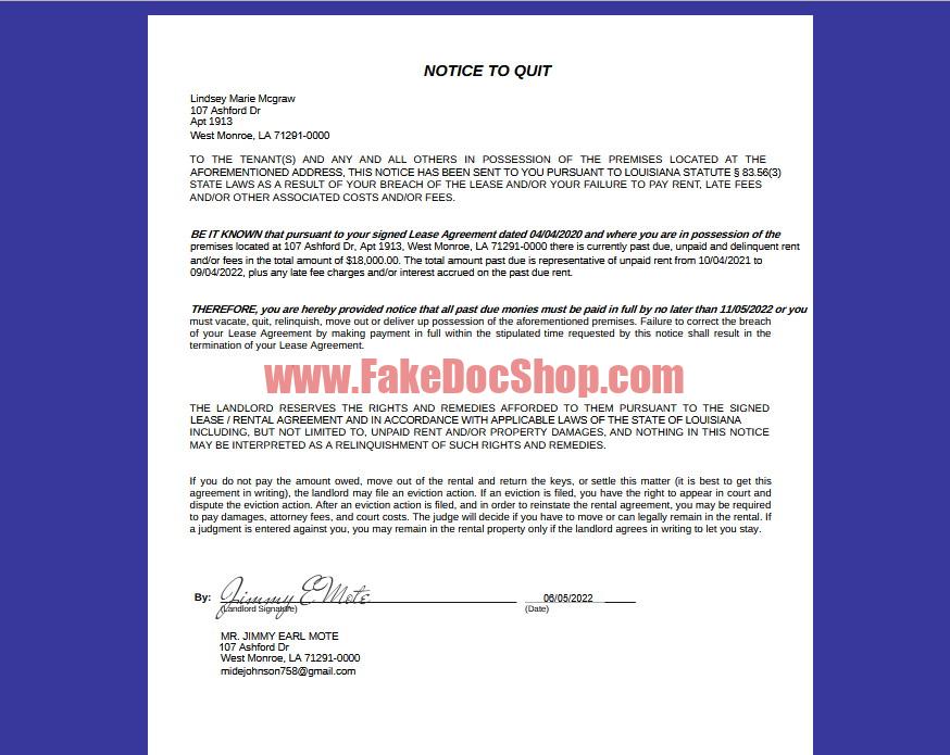 Louisiana Eviction Notice Template