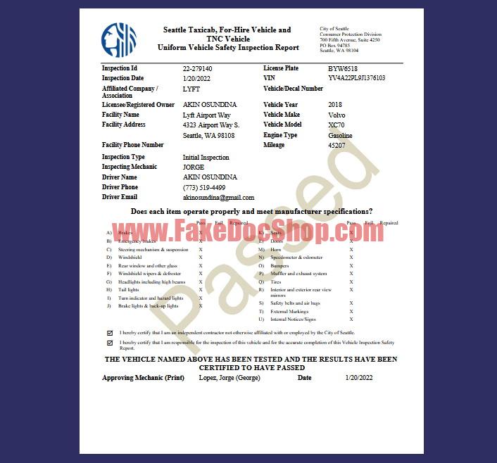 Lyft Vehicle Safety Inspection Template