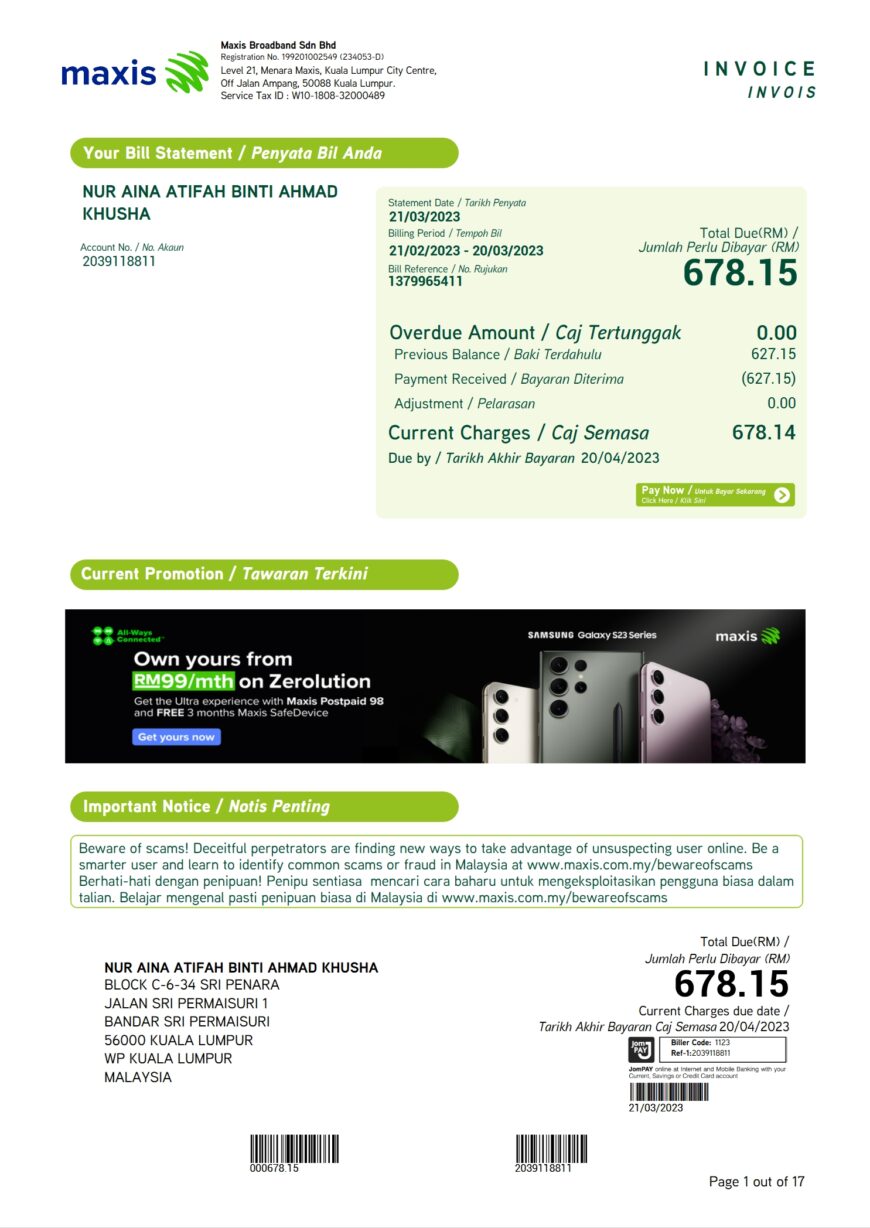 Malaysia Maxis Broadband Invoice Word And PDF Template 17 Pages