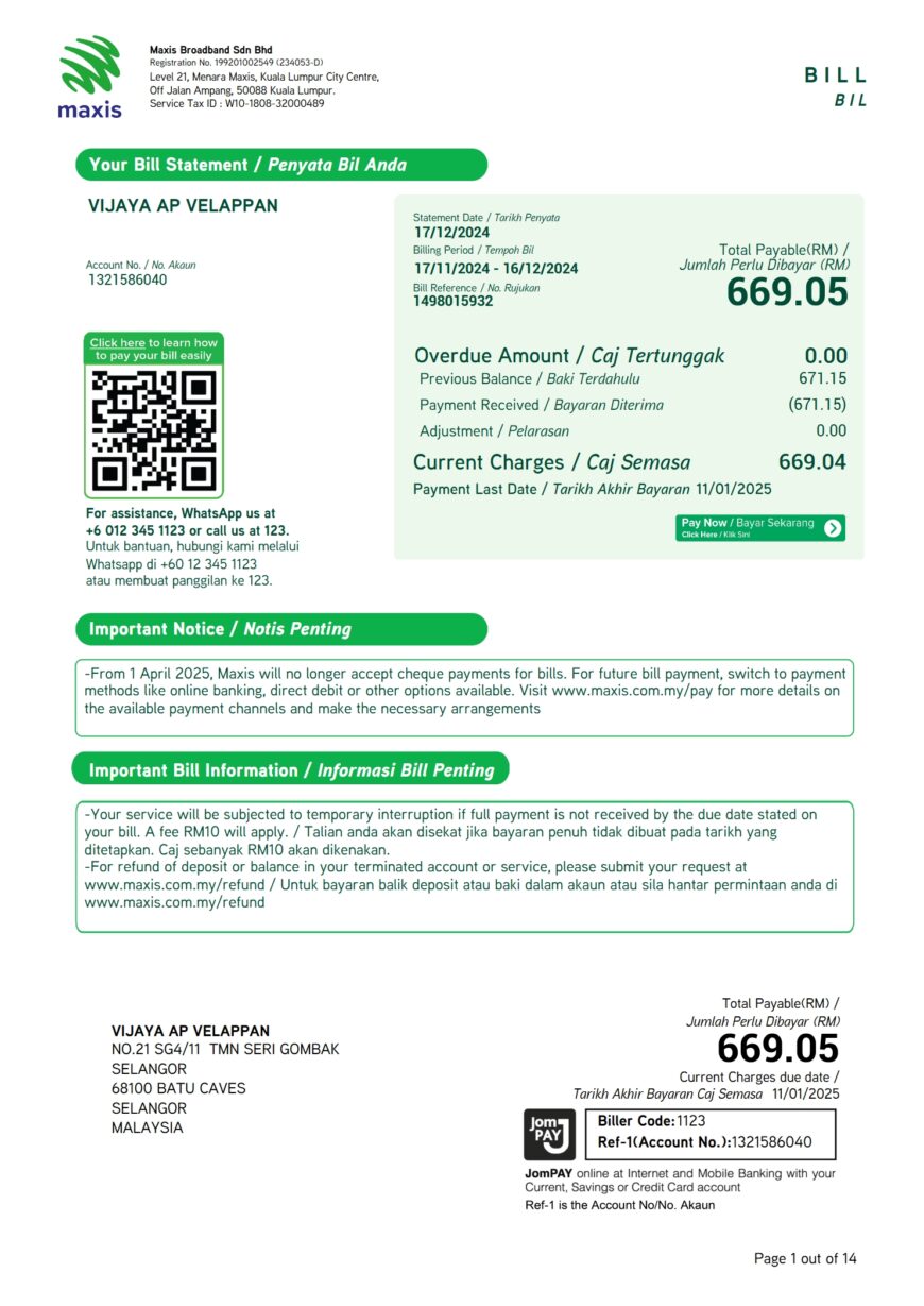 Malaysia Maxis Telecommunications Bill Word And PDF Template 14 Pages