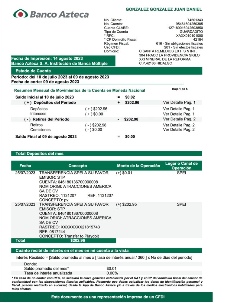 Mexico Banco Azteca Guardadito Statement Word And PDF Template