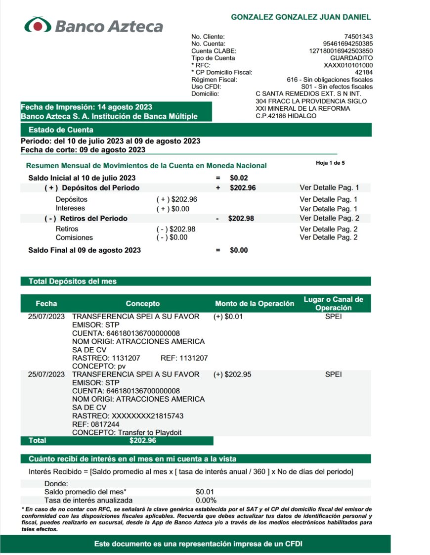 Mexico Banco Azteca Guardadito Statement Word And PDF Template