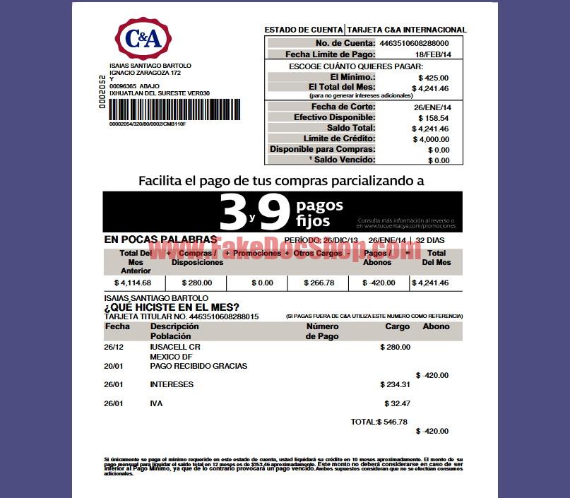 Mexico C&A Internacional Credit Card Statement Template