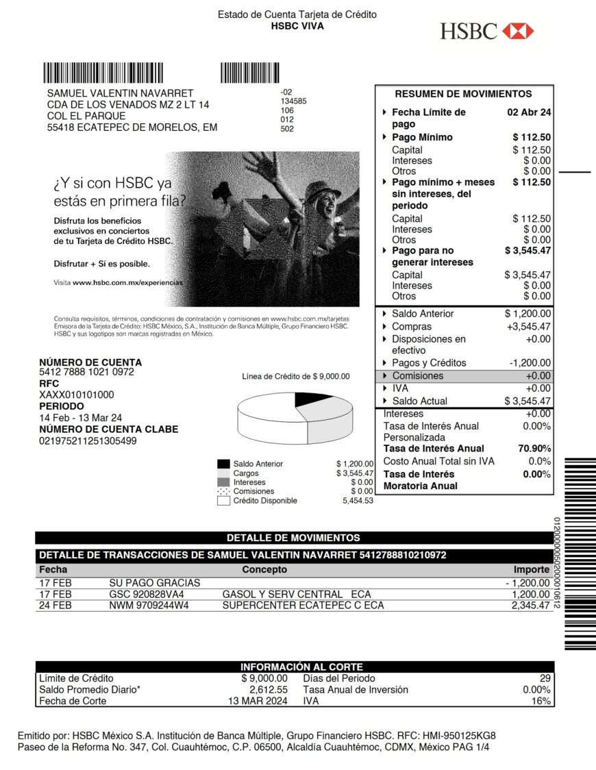 Mexico HSBC Viva Credit Card Statement Template 4 Pages