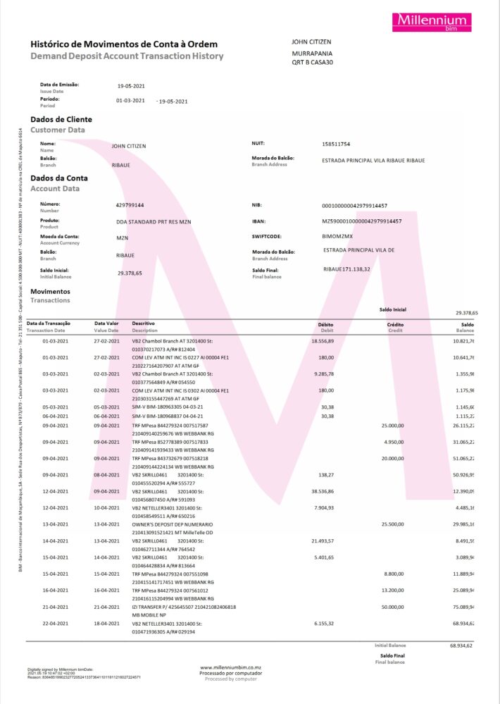 Mozambique Millennium bim Account Statement Word And PDF Template