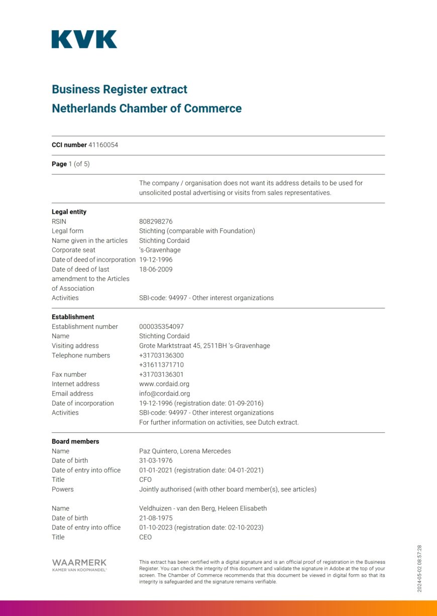 Netherlands KVK Business Register Extract Word and PDF Template 5 Pages