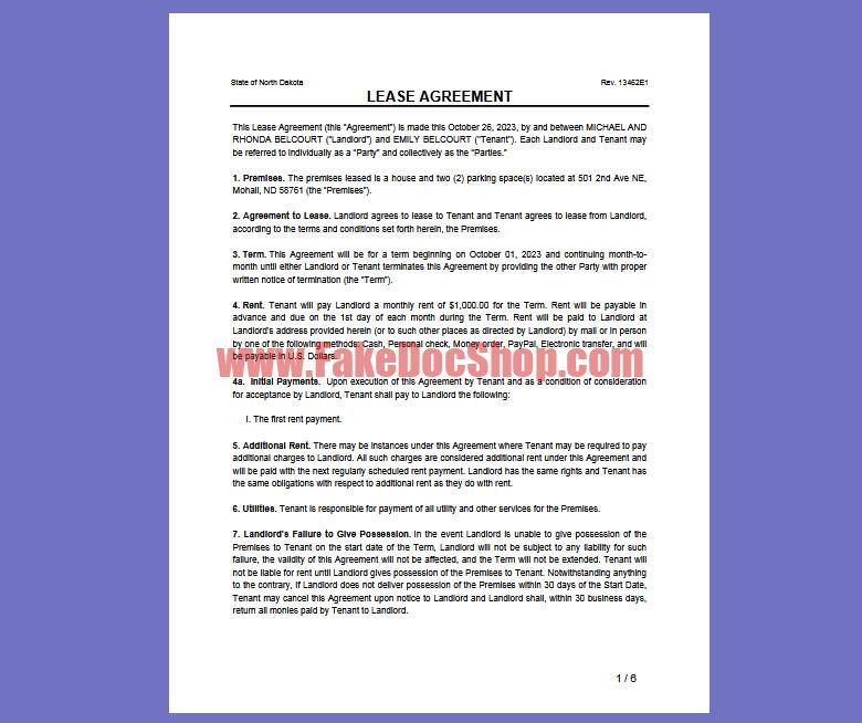 North Dakota Lease Agreement Template