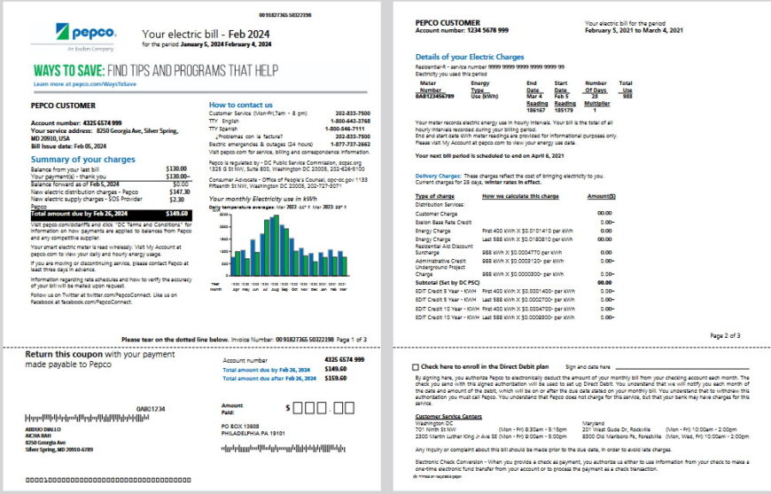 Pepco Electric Bill Template in Word And PDF Format