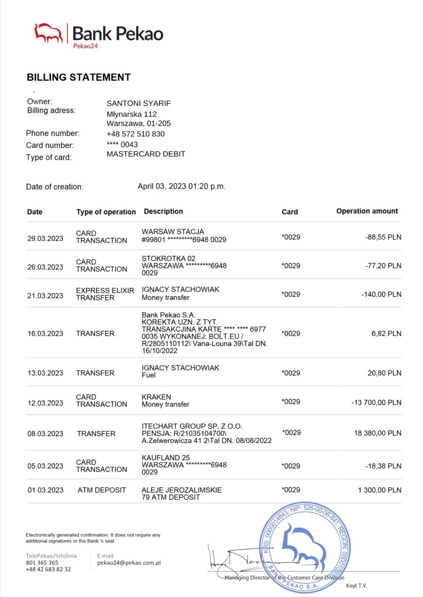 Poland Bank Pekao Bank Statement Word And PDF Template