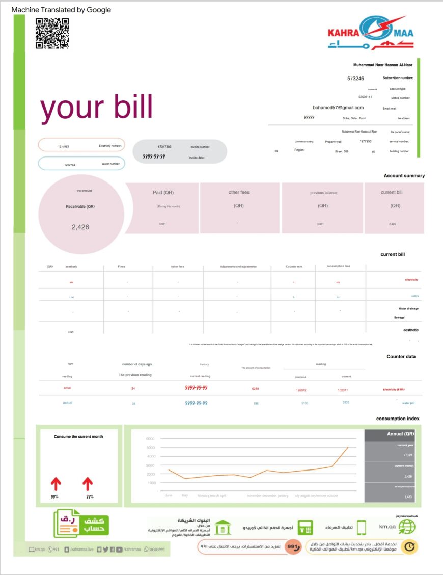 Qatar Kahramaa Utility Bill Word And PDF Template 2 Pages