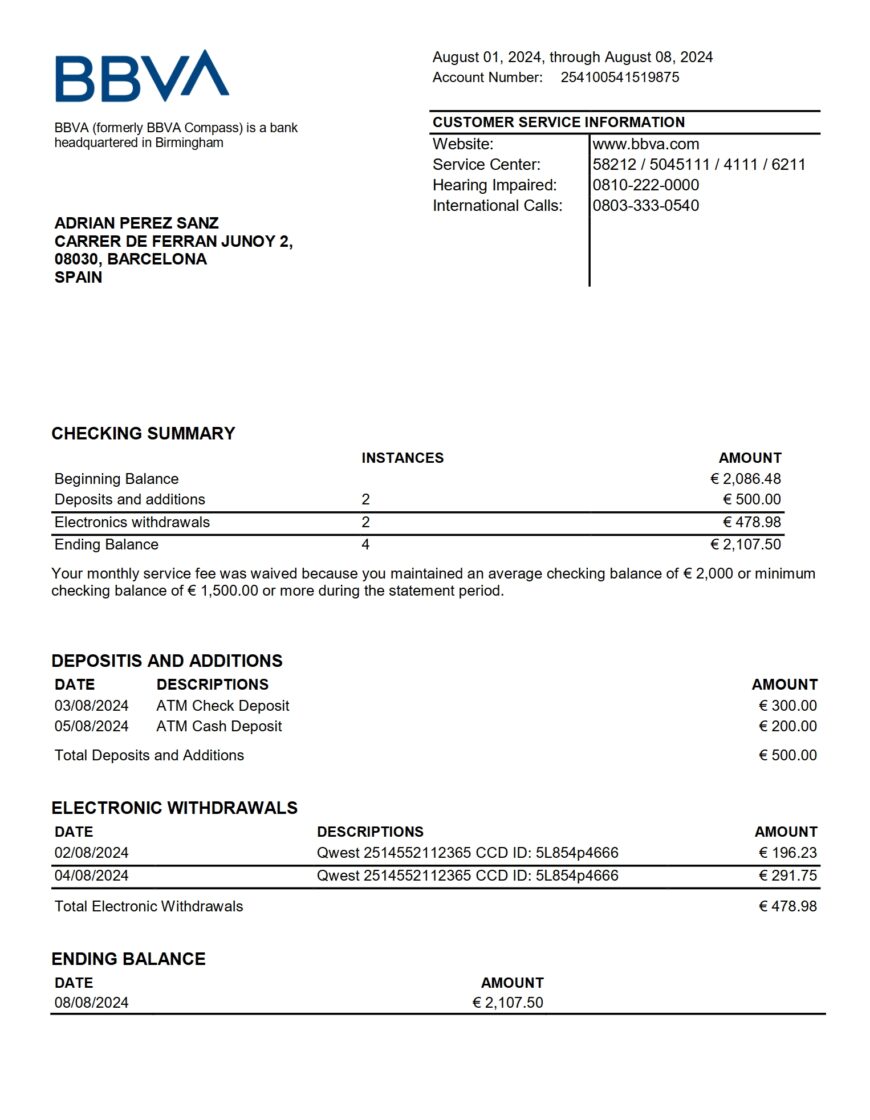Spain BBVA Checking Account Statement Word And PDF Template