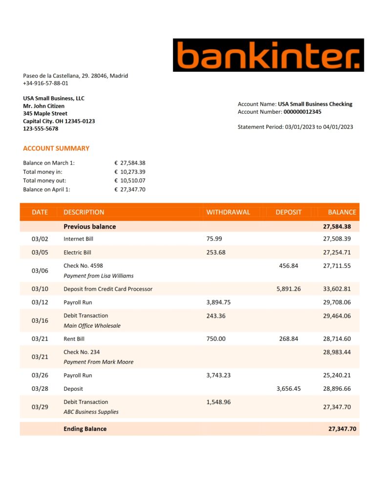 Spain Bankinter Bank Statement Word and PDF Template