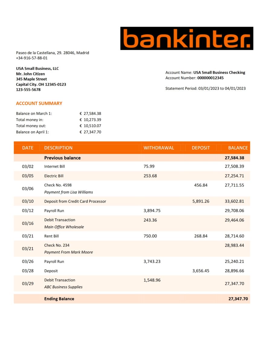 Spain Bankinter Bank Statement Word and PDF Template