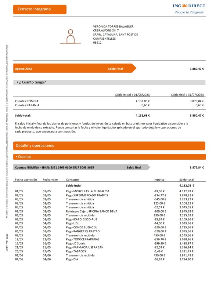 Spain ING Direct Integrated Statement Word And PDF Template 3 Pages