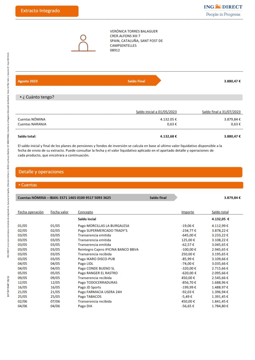 Spain ING Direct Integrated Statement Word And PDF Template 3 Pages
