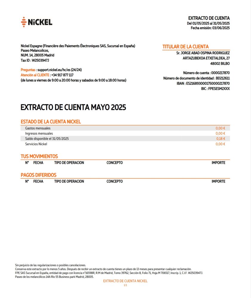 Spain Nickel Account Statement Word And PDF Template