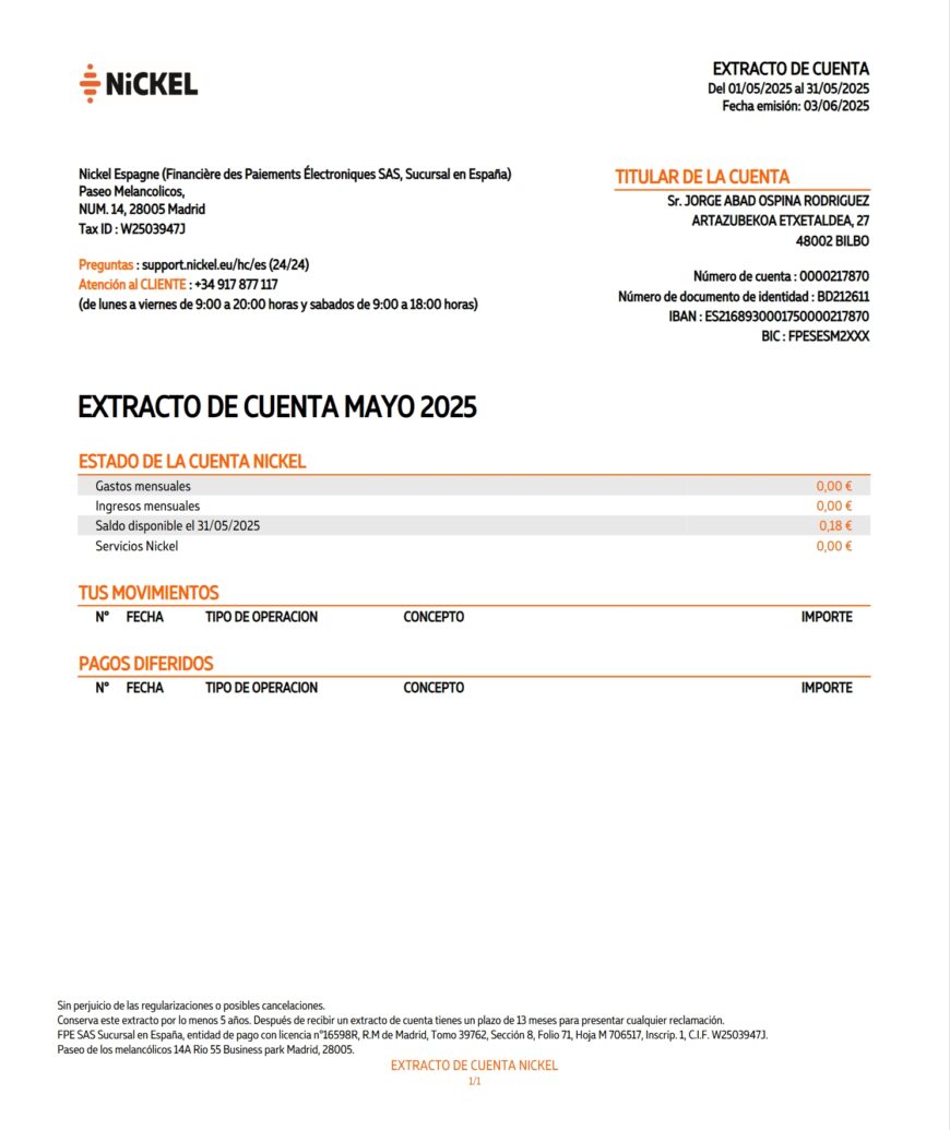 Spain Nickel Account Statement Word And PDF Template