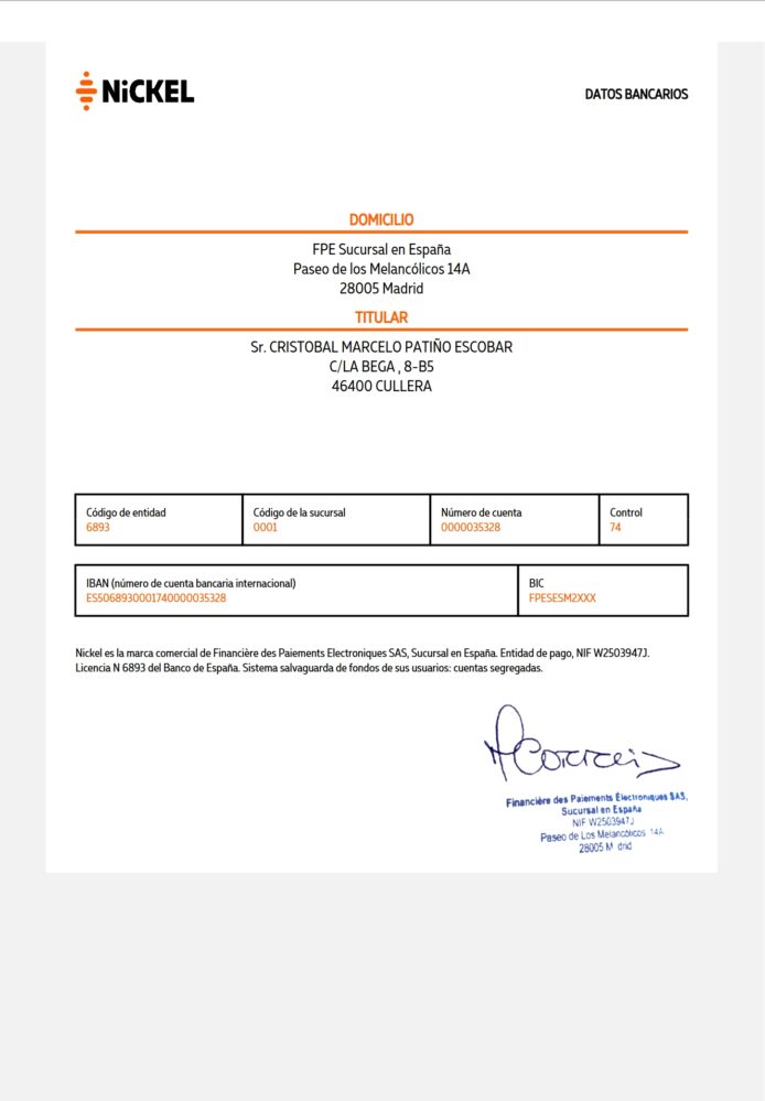 Spain Nickel Bank Account Direct Debit Receipt Word Snd PDF Template