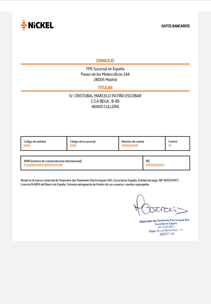 Spain Nickel Bank Account Direct Debit Receipt Word Snd PDF Template