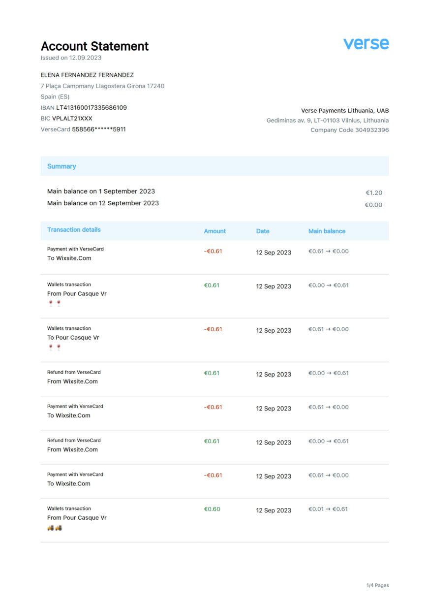 Spain Verse Payments Account Statement Word And PDF Template 4 Pages