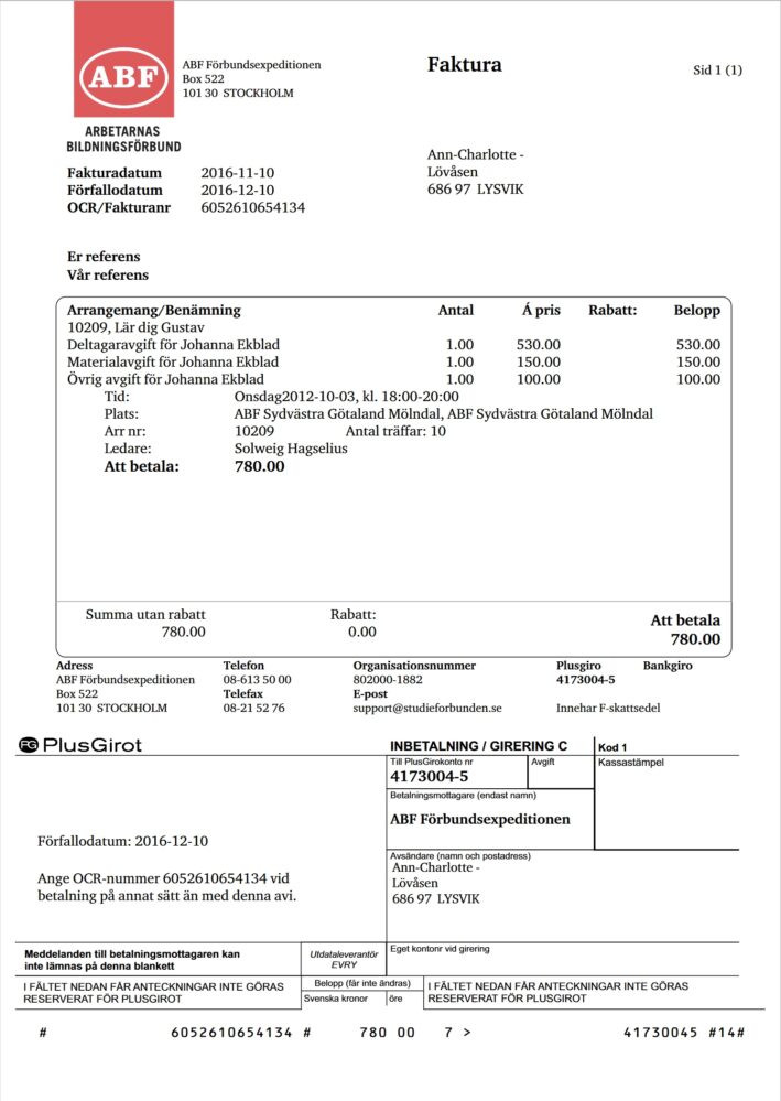 Sweden ABF Course Invoice Word And PDF Template 6 Pages